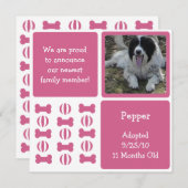 ピンクの雌犬ペット発表フォトカード 案内状 (正面/裏面)