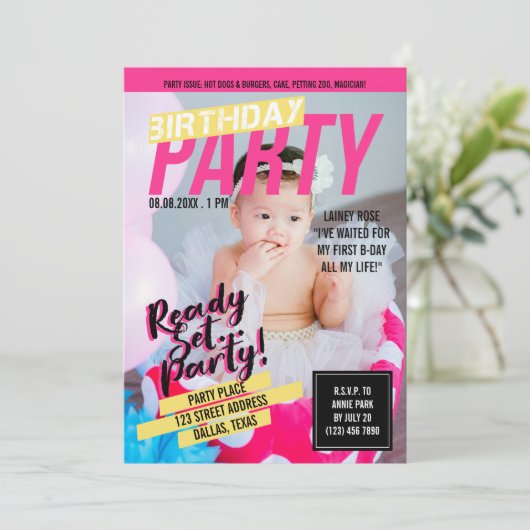 ピンクの雑誌の表紙の外観 |子供の誕生日パーティー 招待状 (スタンド正面)