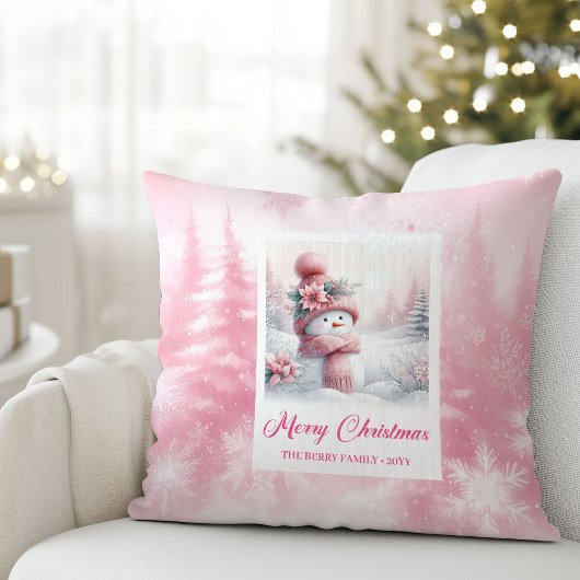 ピンクの雪だるまの冬のシーン クリスマスピロー クッション