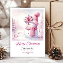 ピンクの雪だるまの子供用プリントクリスマスグリーティング シーズンカード