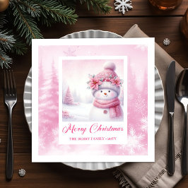 ピンクの雪だるまのPinkmasパーティーが楽しめるあったかい冬の森のクリスマスパーティーグッズ スタンダードカクテルナプキン