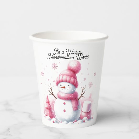 ピンクの雪だるまマシュマロの世界 紙コップ (正面)
