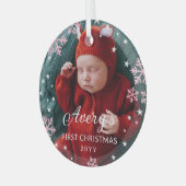 ピンクの雪と星のベビーの最初のクリスマスフォト ガラスオーナメント (正面左)