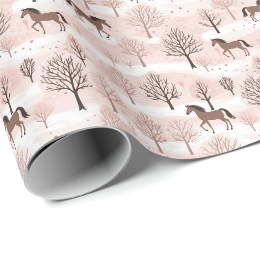 ピンクの雪の冬の風景が広がる、かわいい茶色の馬 ラッピングペーパー (ロールコーナー)