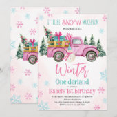 ピンクの雪の楽しい誕生日 招待状 (正面/裏面)