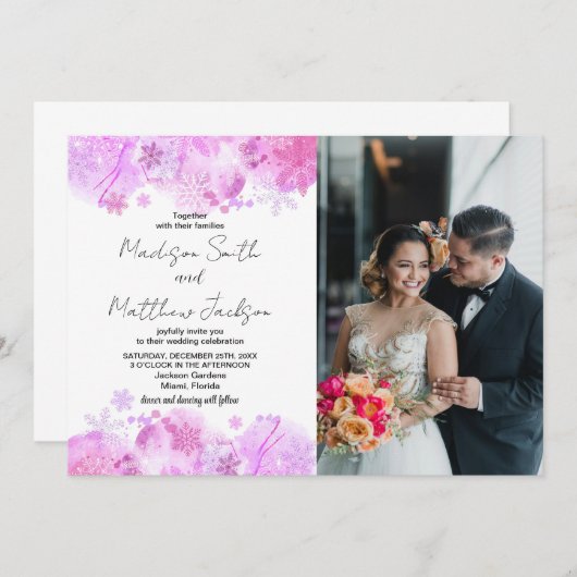 ピンクの雪の結婚式招待状と写真 招待状 (正面/裏面)