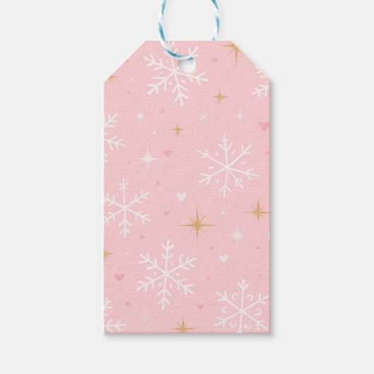 ピンクの雪の結晶とゴールドのスパークル クリスマス ギフトタグ (正面)