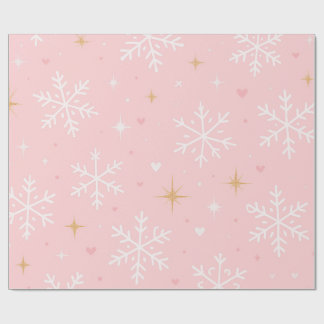 ピンクの雪の結晶とゴールドのスパークル クリスマス ラッピングペーパー