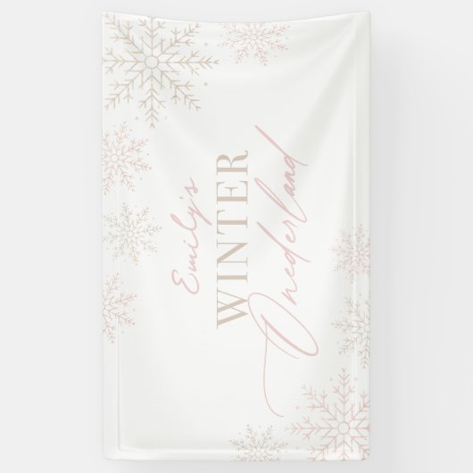 ピンクの雪の結晶のウィンター ワンダーランド 1歳の誕生日 横断幕 (縦)