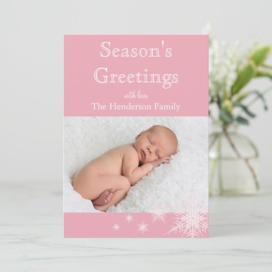 ピンクの雪の結晶の写真 ホリデーカード (スタンド正面)