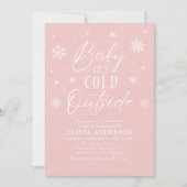 ピンクの雪の結晶ベビーベビーシャワー外は寒い 招待状 (正面)
