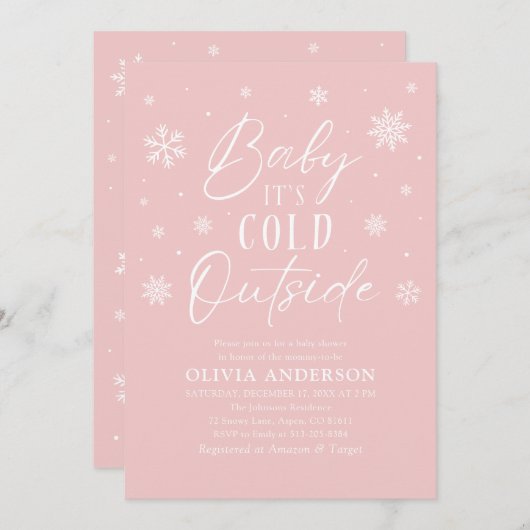 ピンクの雪の結晶ベビーベビーシャワー外は寒い 招待状 (正面/裏面)