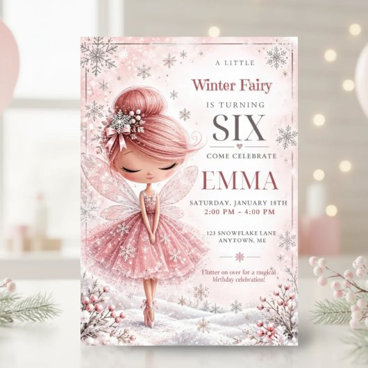 ピンクの雪の花の妖精の女の子の誕生日招待状 招待状