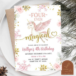 ピンクの雪の魔法のユニコーンの4歳の誕生日 招待状