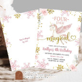 ピンクの雪の魔法のユニコーンの4歳の誕生日 招待状