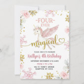 ピンクの雪の魔法のユニコーン冬4th誕生日 招待状 (正面)