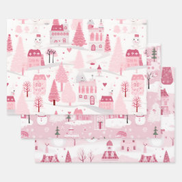 ピンクの雪景色の村 ラッピングペーパーシート
