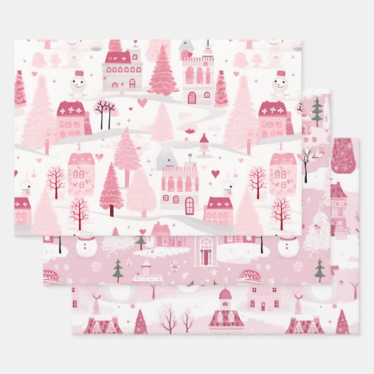 ピンクの雪景色の村 ラッピングペーパーシート (セット)