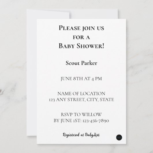 ピンクの雪片と足付きガールベビーシャワー 招待状 (裏面)