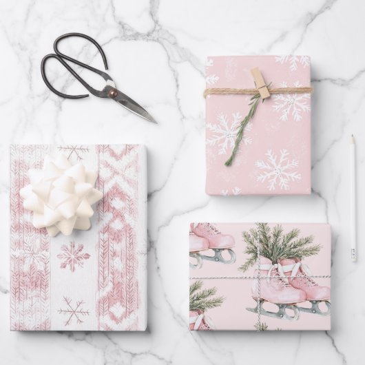 ピンクの雪片アイススケートのクリスマス ラッピングペーパーシート (正面)