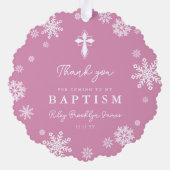 ピンクの雪片フォトウィンターバプテスマ オーナメントカード (裏面)