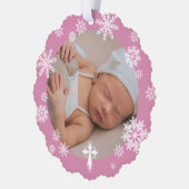 ピンクの雪片フォトウィンターバプテスマ オーナメントカード (左)