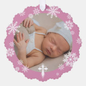 ピンクの雪片フォトウィンターバプテスマ オーナメントカード (正面)