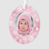 ピンクの雪片ベビーガール初めてのクリスマス写真 オーナメント (正面)