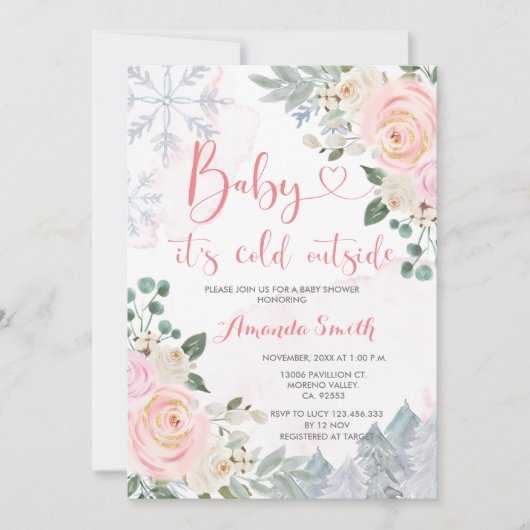 ピンクの雪片ベビーシャワー外は寒い 招待状 (正面)