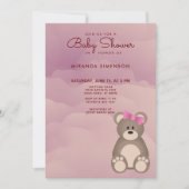 ピンクの雲かわいいテディベア赤ちゃんシャワー 招待状 (正面)