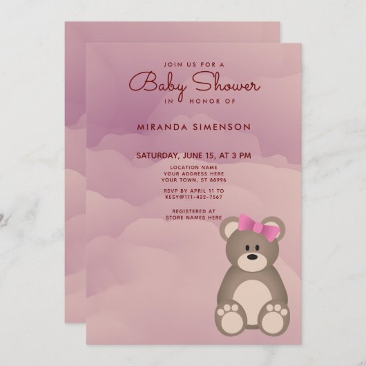 ピンクの雲かわいいテディベア赤ちゃんシャワー 招待状 (正面/裏面)