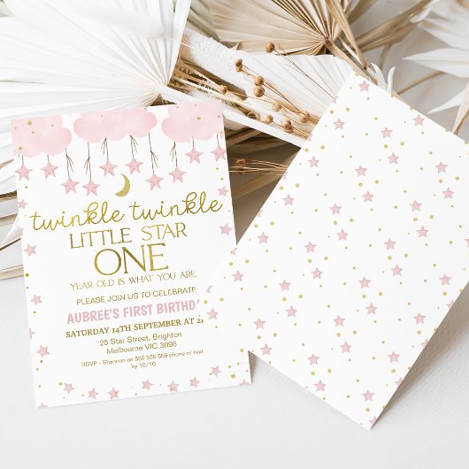 ピンクの雲がきらきら星の1歳の誕生日 招待状