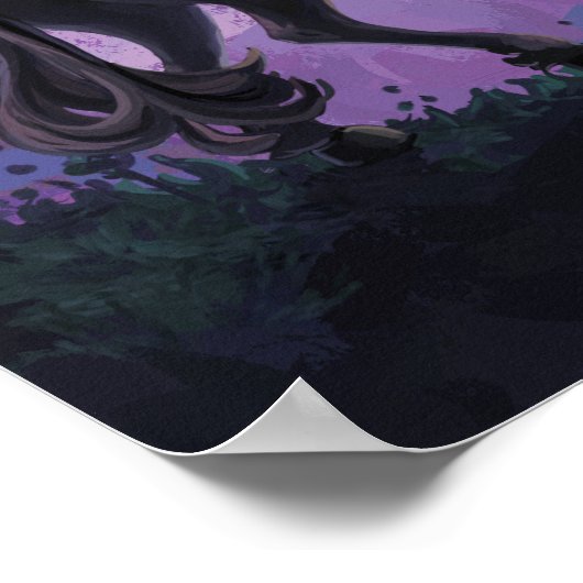 ピンクの雲に囲まれたユニコーンシルエットと城 ポスター (角)