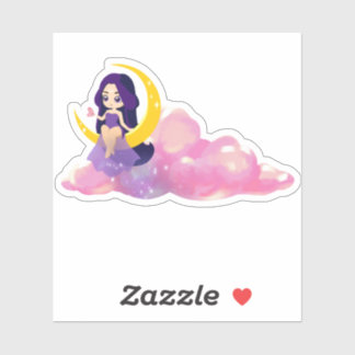 ピンクの雲の上に座っているムーンガール シール