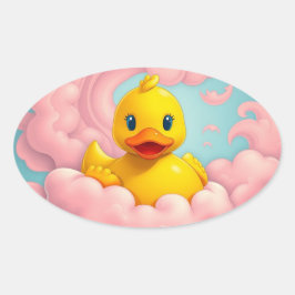 ピンクの雲の上の可愛いアヒルの子 誕生日  楕円形シール