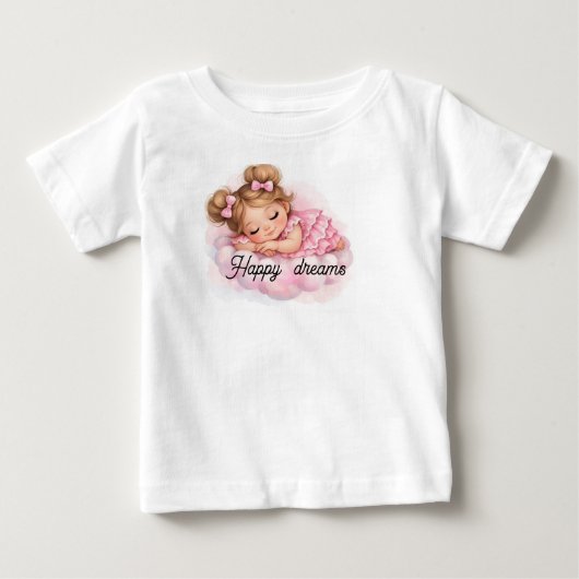 ピンクの雲の上の可愛い眠る女の赤ちゃんアート ベビーTシャツ (正面)