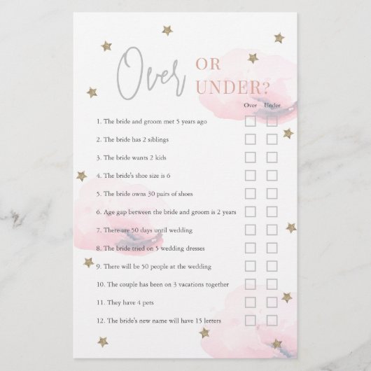 ピンクの雲の上または下のブライダルシャワーゲーム (正面)