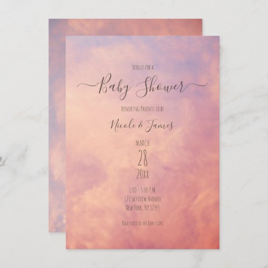 ピンクの雲の夢のような天空の赤ちゃんシャワー 招待状 (正面/裏面)