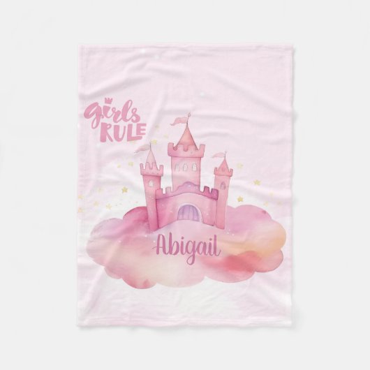 ピンクの雲の水色の女の子のルールパレス フリースブランケット (正面)