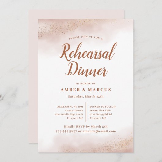 ピンクの雲の結婚式のリハーサルの夕食 招待状 (正面/裏面)