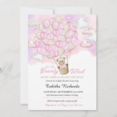 ピンクの雲テディベア熱い空気バルーンベビーシャワー 招待状 (正面)