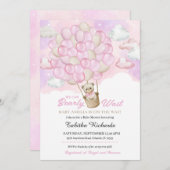 ピンクの雲テディベア熱い空気バルーンベビーシャワー 招待状 (正面/裏面)