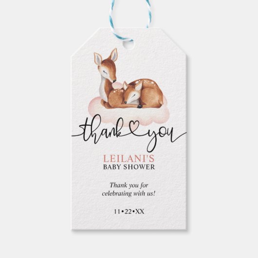ピンクの雲水の色の鹿の赤ちゃんシャワーありがとう ギフトタグ (正面)