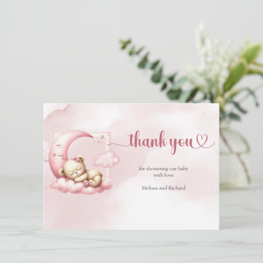 ピンクの雲9テディベアの女の子の赤ちゃんシャワー サンキューカード (スタンド正面)