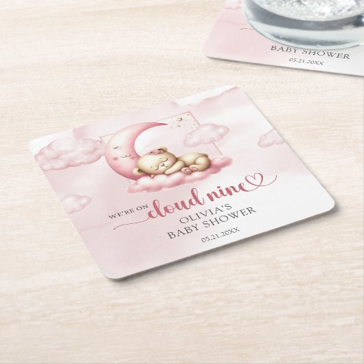 ピンクの雲9テディベアの女の子の赤ちゃんシャワー スクエアペーパーコースター (アングル)