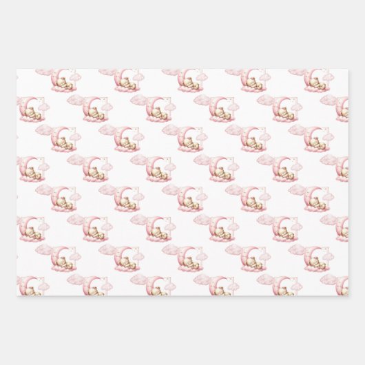 ピンクの雲9テディベアの女の子の赤ちゃんシャワー ラッピングペーパーシート (正面)