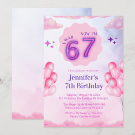 ピンクの雲 「６歳だったのに今は７歳」 女の子の誕生日 招待状