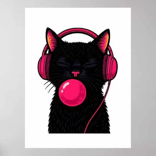 ピンクの電話機を頭に乗せた黒猫 – おもしろミニマリスト ポスター (正面)