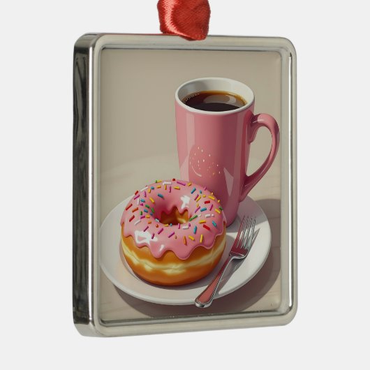 ピンクの霜の降りたドーナツとコーヒークリスマス メタルオーナメント (右)