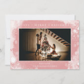 ピンクの霜の雪の結晶クリスマスフォトカード シーズンカード (正面)
